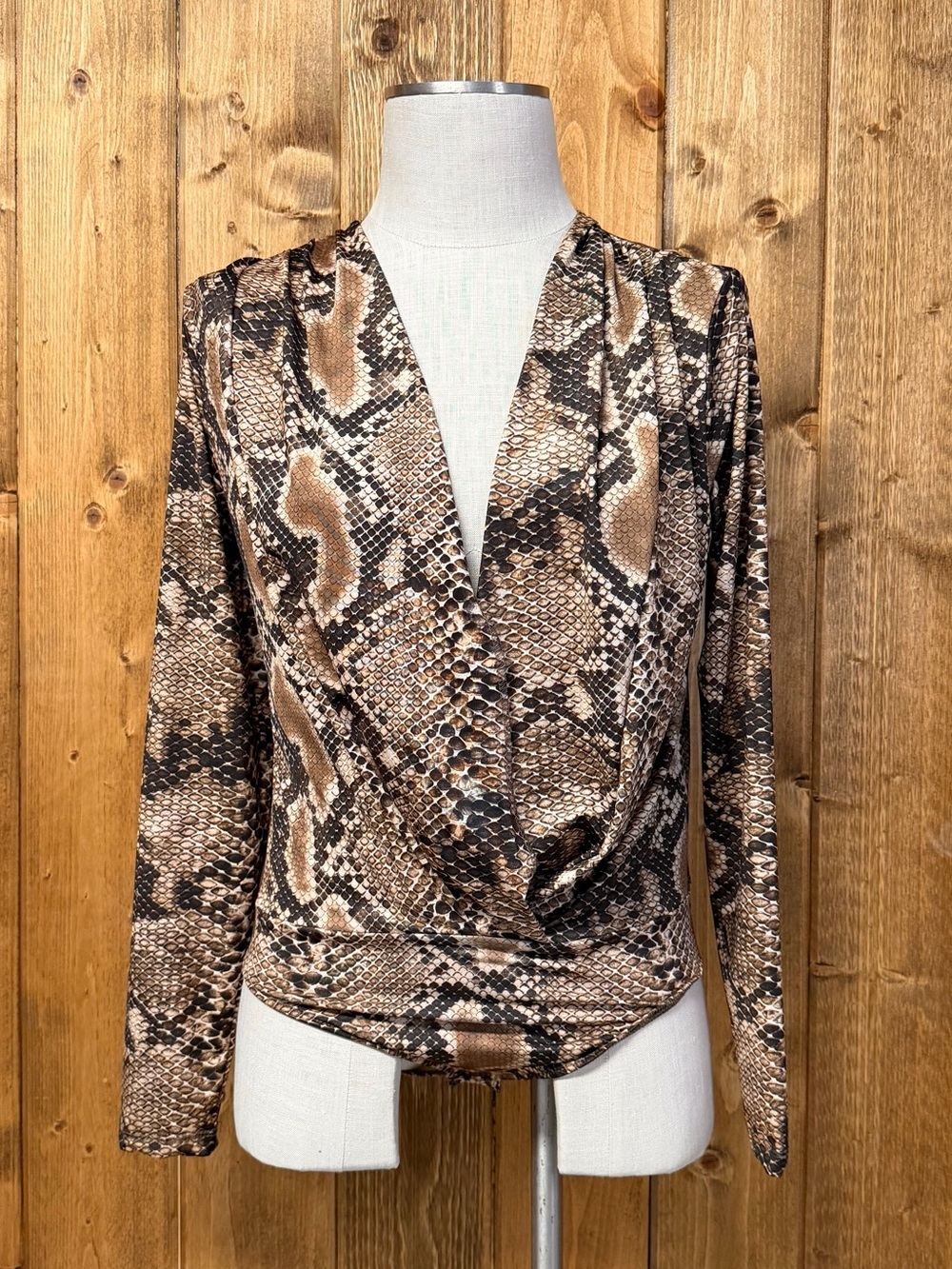 Zara Trafaluc Medium Brown Snakeskin Drape Long Sleeve Bodysuit - Picture 2 of 8